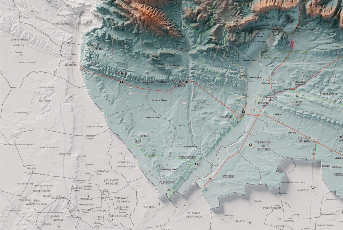 Mapa de relleu de la Noguera, amb el territori en color i l’entorn en blanc. Detall de la part inferior esquerra. 61 × 91 cm. Estil Blau i taronja.