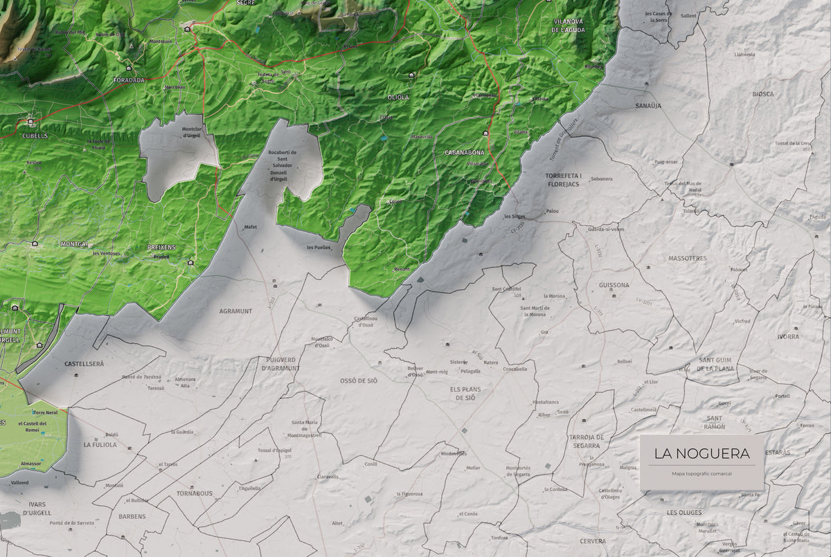 Mapa de relleu de la Noguera, amb el territori en color i l’entorn en blanc. Detall de la part inferior dreta. 61 × 91 cm. Estil Clàssic.