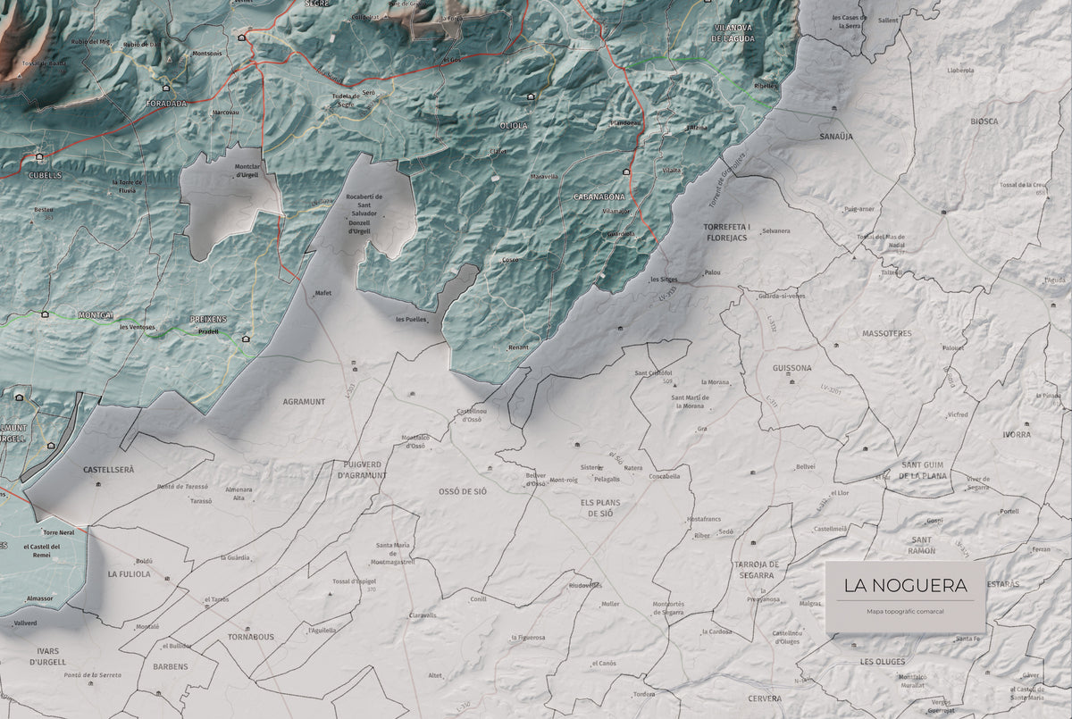 Mapa de relleu de la Noguera, amb el territori en color i l’entorn en blanc. Detall de la part inferior dreta. 61 × 91 cm. Estil Blau i taronja.