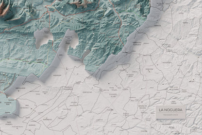 Mapa de relleu de la Noguera, amb el territori en color i l’entorn en blanc. Detall de la part inferior dreta. 61 × 91 cm. Estil Blau i taronja.