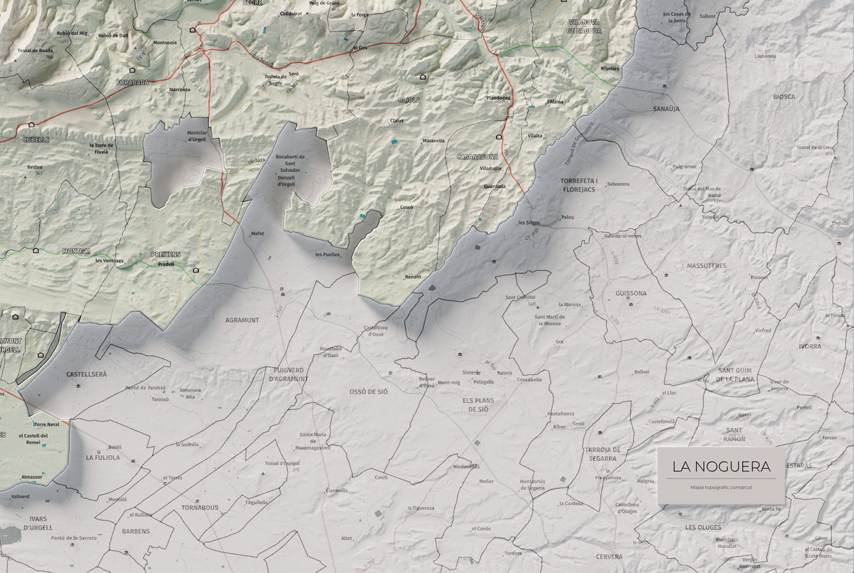 Mapa de relleu de la Noguera, amb el territori en color i l’entorn en blanc. Detall de la part inferior dreta. 61 × 91 cm. Estil Cartogràfic.