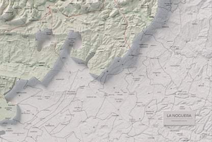 Mapa de relleu de la Noguera, amb el territori en color i l’entorn en blanc. Detall de la part inferior dreta. 61 × 91 cm. Estil Cartogràfic.