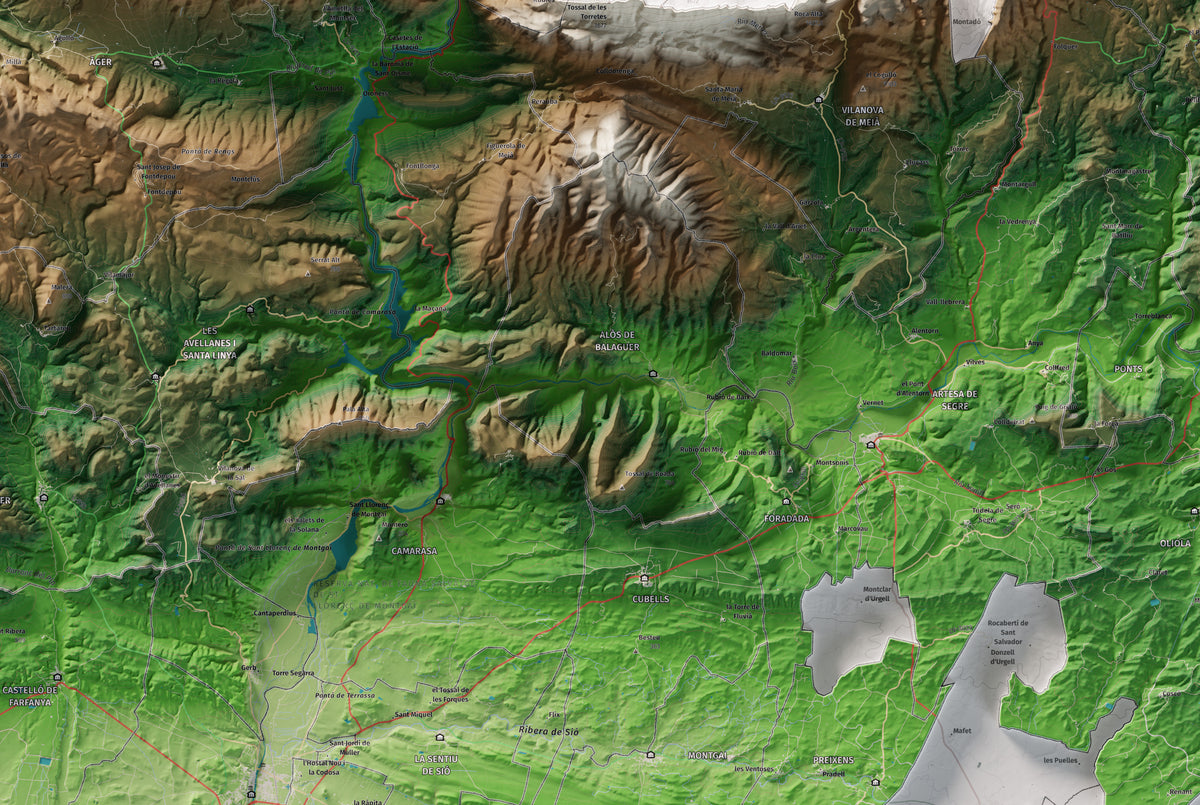 Mapa de relleu de la Noguera, amb el territori en color i l’entorn en blanc. Detall de la part central. 61 × 91 cm. Estil Clàssic.