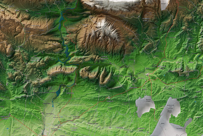 Mapa de relleu de la Noguera, amb el territori en color i l’entorn en blanc. Detall de la part central. 61 × 91 cm. Estil Clàssic.