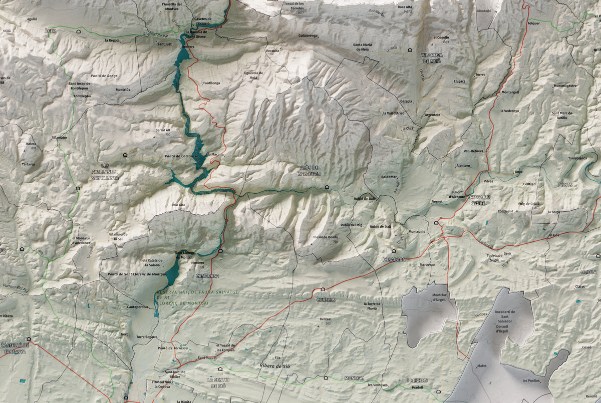 Mapa de relleu de la Noguera, amb el territori en color i l’entorn en blanc. Detall de la part central. 61 × 91 cm. Estil Cartogràfic.