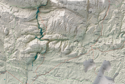 Mapa de relleu de la Noguera, amb el territori en color i l’entorn en blanc. Detall de la part central. 61 × 91 cm. Estil Cartogràfic.