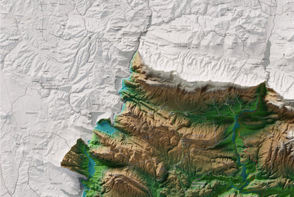 Mapa de relleu de la Noguera, amb el territori en color i l’entorn en blanc. Detall de la part superior esquerra. 61 × 91 cm. Estil Clàssic.