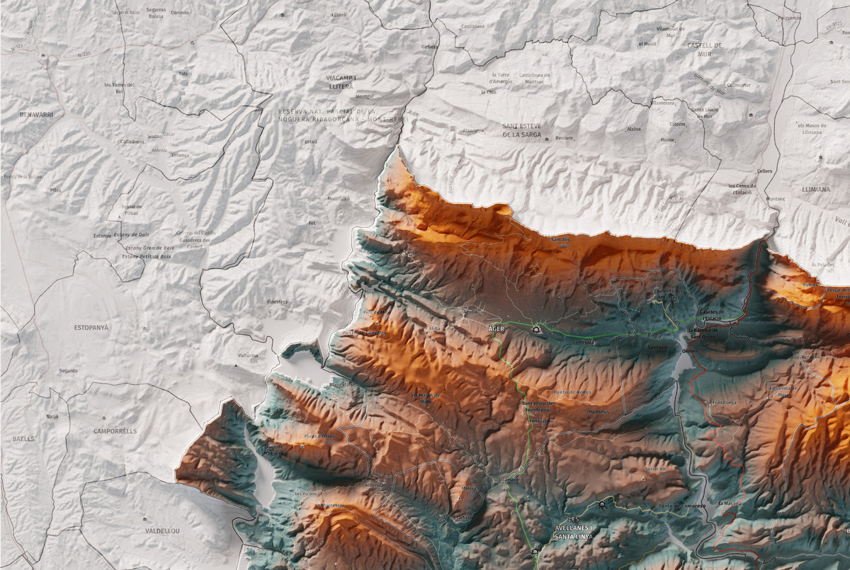 Mapa de relleu de la Noguera, amb el territori en color i l’entorn en blanc. Detall de la part superior esquerra. 61 × 91 cm. Estil Blau i taronja.