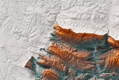 Mapa de relleu de la Noguera, amb el territori en color i l’entorn en blanc. Detall de la part superior esquerra. 61 × 91 cm. Estil Blau i taronja.