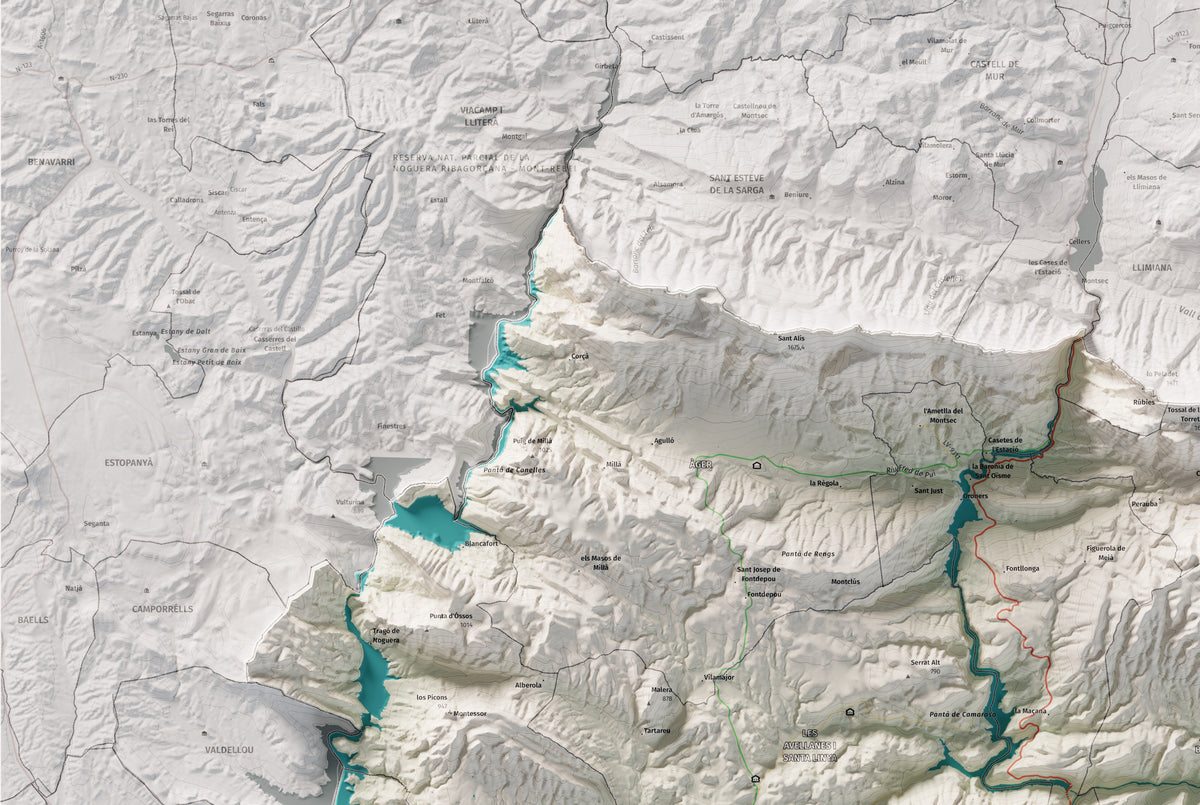 Mapa de relleu de la Noguera, amb el territori en color i l’entorn en blanc. Detall de la part superior esquerra. 61 × 91 cm. Estil Cartogràfic.