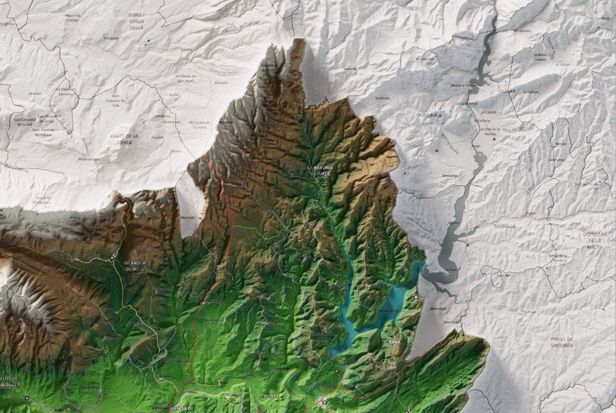 Mapa de relleu de la Noguera, amb el territori en color i l’entorn en blanc. Detall de la part superior dreta. 61 × 91 cm. Estil Clàssic.