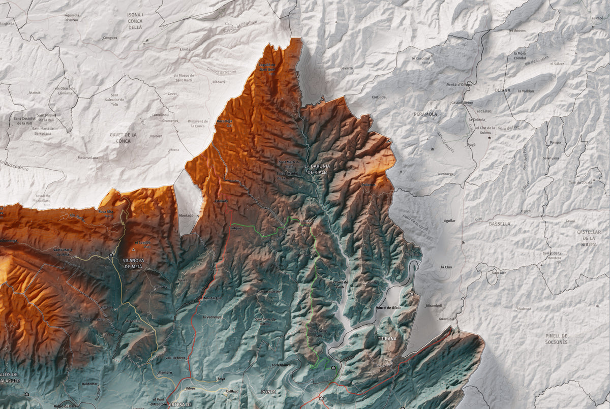 Mapa de relleu de la Noguera, amb el territori en color i l’entorn en blanc. Detall de la part superior dreta. 61 × 91 cm. Estil Blau i taronja.