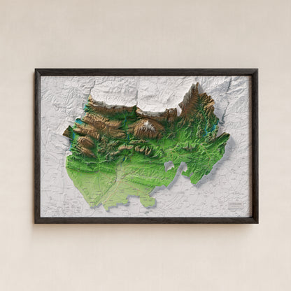 Mapa de relleu de la Noguera, amb el territori en color i l’entorn en blanc. Presentació amb marc. 61 × 91 cm. Estil Clàssic.