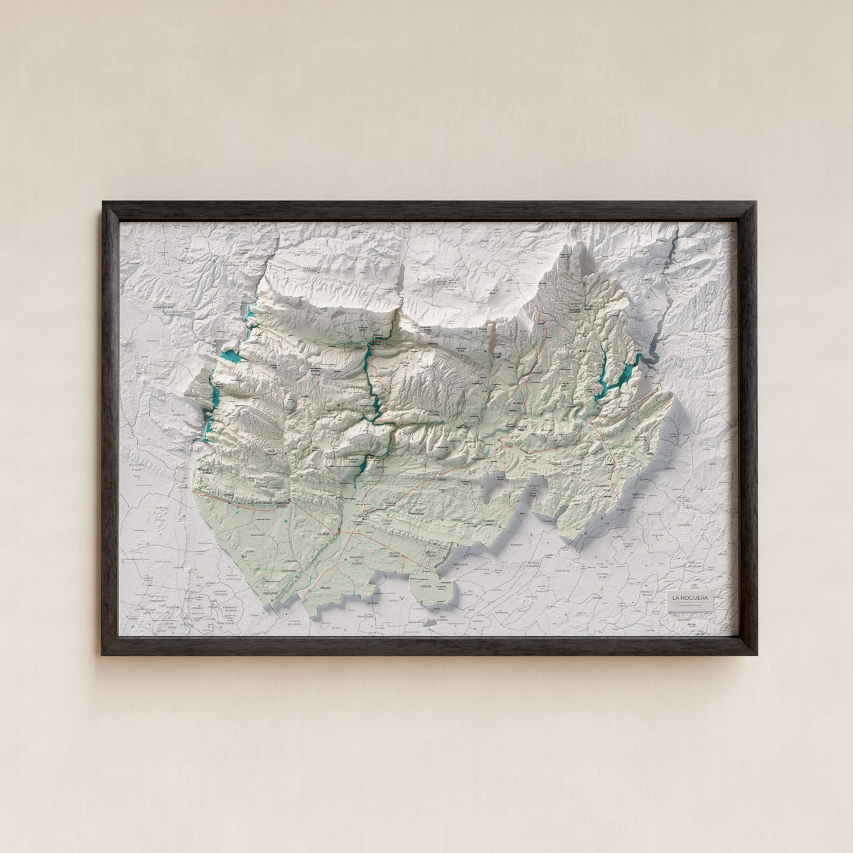 Mapa de relleu de la Noguera, amb el territori en color i l’entorn en blanc. Presentació amb marc. 61 × 91 cm. Estil Cartogràfic.