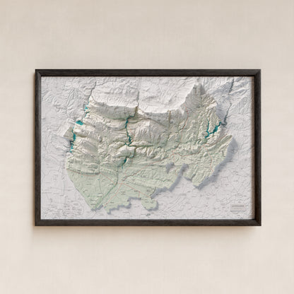 Mapa de relleu de la Noguera, amb el territori en color i l’entorn en blanc. Presentació amb marc. 61 × 91 cm. Estil Cartogràfic.