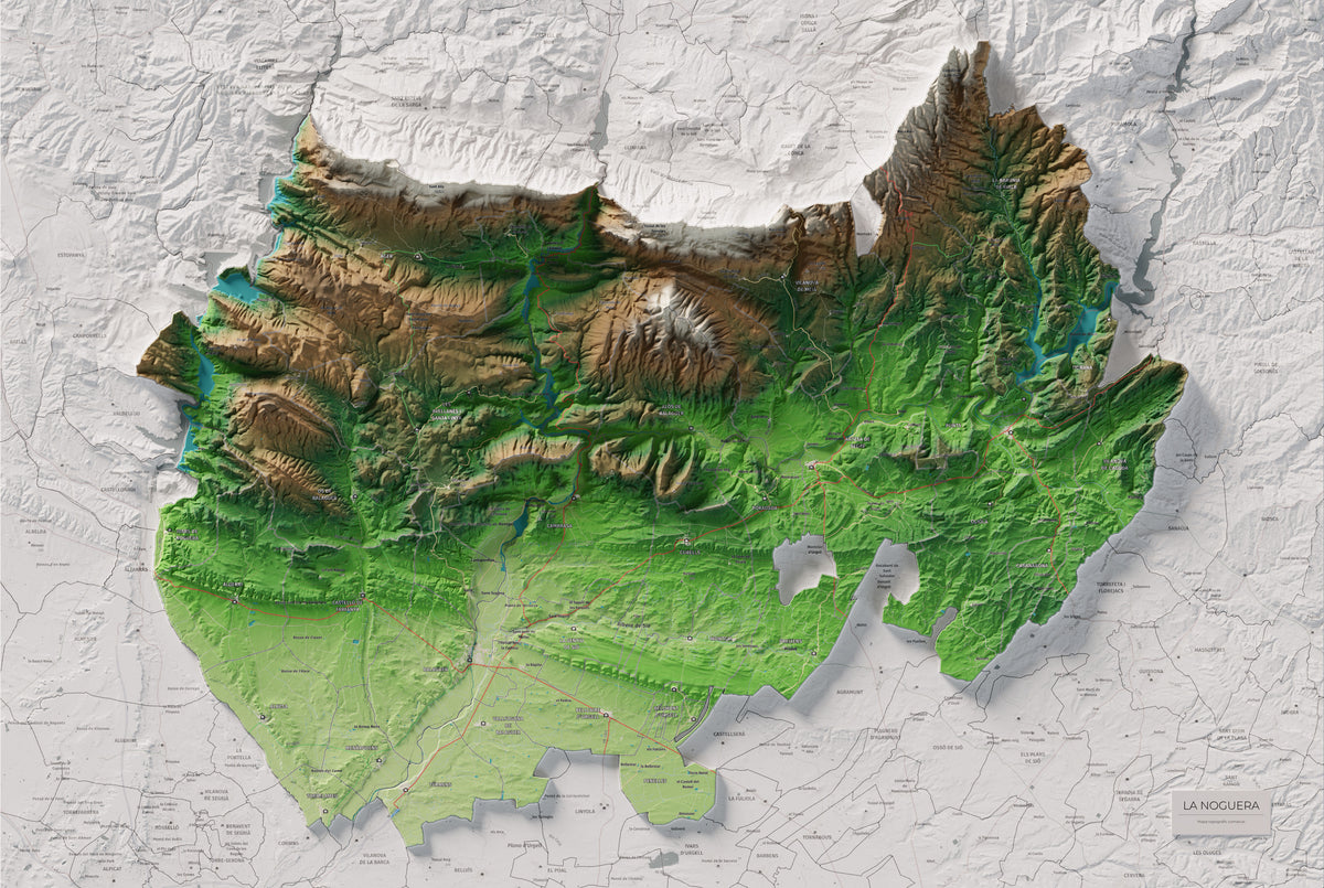 Mapa de relleu de la Noguera, amb el territori en color i l’entorn en blanc. Vista completa de la làmina. 61 × 91 cm. Estil Clàssic.