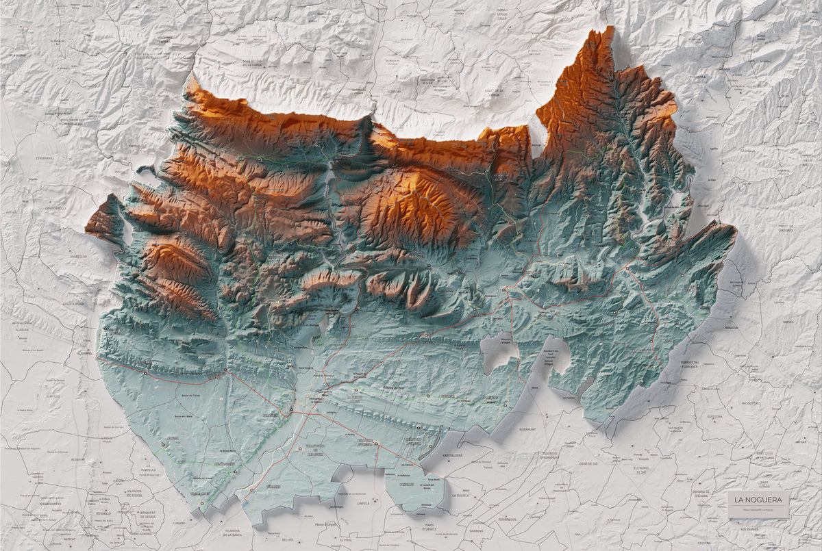 Mapa de relleu de la Noguera, amb el territori en color i l’entorn en blanc. Vista completa de la làmina. 61 × 91 cm. Estil Blau i taronja.