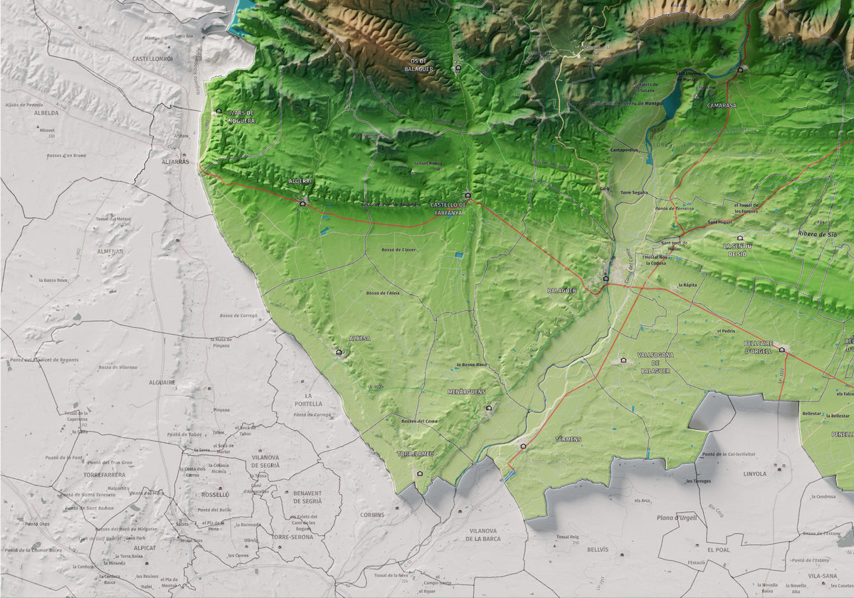 Mapa de relleu de la Noguera, amb el territori en color i l’entorn en blanc. Detall de la part inferior esquerra. 70 × 100 cm. Estil Clàssic.
