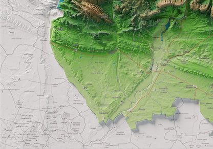 Mapa de relleu de la Noguera, amb el territori en color i l’entorn en blanc. Detall de la part inferior esquerra. 70 × 100 cm. Estil Clàssic.