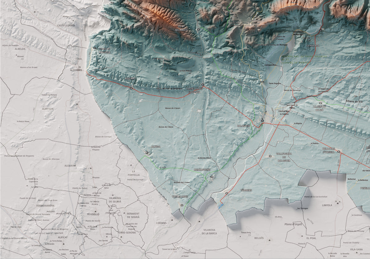 Mapa de relleu de la Noguera, amb el territori en color i l’entorn en blanc. Detall de la part inferior esquerra. 70 × 100 cm. Estil Blau i taronja.