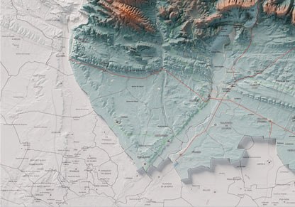 Mapa de relleu de la Noguera, amb el territori en color i l’entorn en blanc. Detall de la part inferior esquerra. 70 × 100 cm. Estil Blau i taronja.