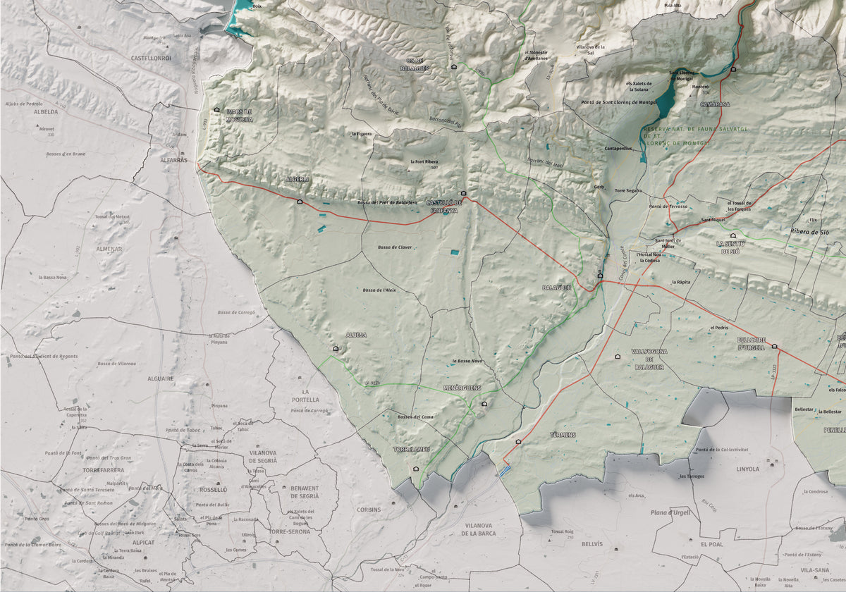 Mapa de relleu de la Noguera, amb el territori en color i l’entorn en blanc. Detall de la part inferior esquerra. 70 × 100 cm. Estil Cartogràfic.