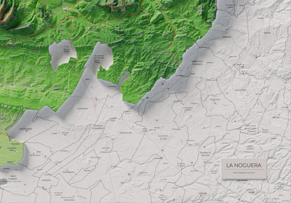 Mapa de relleu de la Noguera, amb el territori en color i l’entorn en blanc. Detall de la part inferior dreta. 70 × 100 cm. Estil Clàssic.