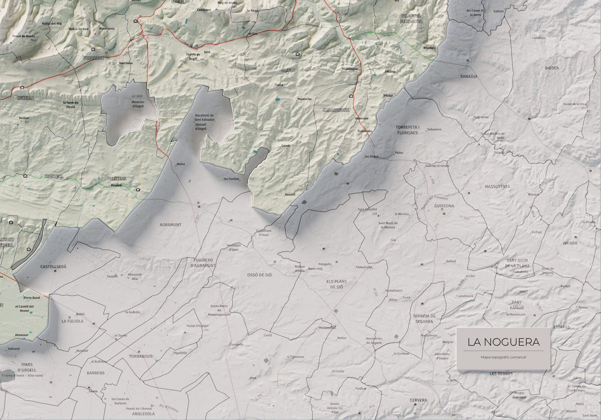 Mapa de relleu de la Noguera, amb el territori en color i l’entorn en blanc. Detall de la part inferior dreta. 70 × 100 cm. Estil Cartogràfic.