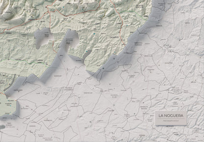 Mapa de relleu de la Noguera, amb el territori en color i l’entorn en blanc. Detall de la part inferior dreta. 70 × 100 cm. Estil Cartogràfic.