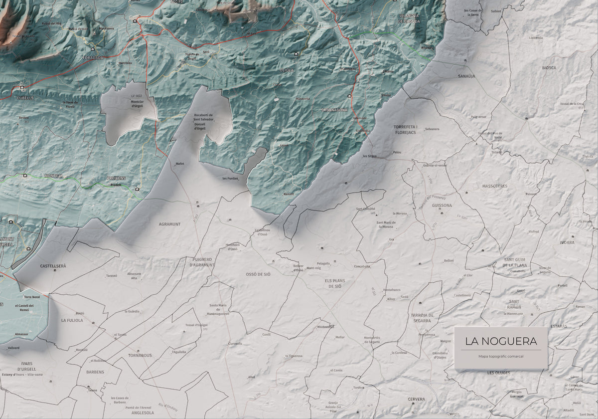 Mapa de relleu de la Noguera, amb el territori en color i l’entorn en blanc. Detall de la part inferior dreta. 70 × 100 cm. Estil Blau i taronja.