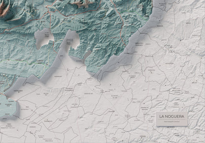 Mapa de relleu de la Noguera, amb el territori en color i l’entorn en blanc. Detall de la part inferior dreta. 70 × 100 cm. Estil Blau i taronja.