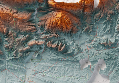 Mapa de relleu de la Noguera, amb el territori en color i l’entorn en blanc. Detall de la part central. 70 × 100 cm. Estil Blau i taronja.