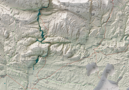 Mapa de relleu de la Noguera, amb el territori en color i l’entorn en blanc. Detall de la part central. 70 × 100 cm. Estil Cartogràfic.