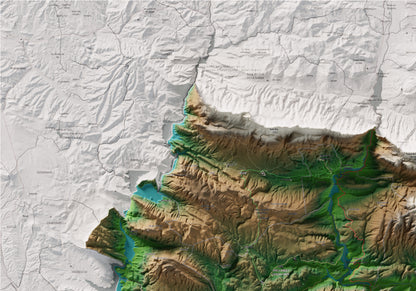 Mapa de relleu de la Noguera, amb el territori en color i l’entorn en blanc. Detall de la part superior esquerra. 70 × 100 cm. Estil Clàssic.