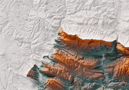 Mapa de relleu de la Noguera, amb el territori en color i l’entorn en blanc. Detall de la part superior esquerra. 70 × 100 cm. Estil Blau i taronja.