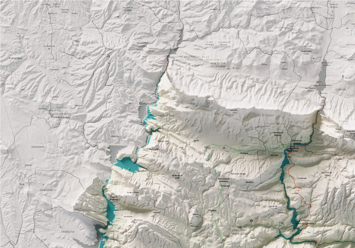 Mapa de relleu de la Noguera, amb el territori en color i l’entorn en blanc. Detall de la part superior esquerra. 70 × 100 cm. Estil Cartogràfic.