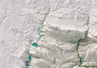 Mapa de relleu de la Noguera, amb el territori en color i l’entorn en blanc. Detall de la part superior esquerra. 70 × 100 cm. Estil Cartogràfic.
