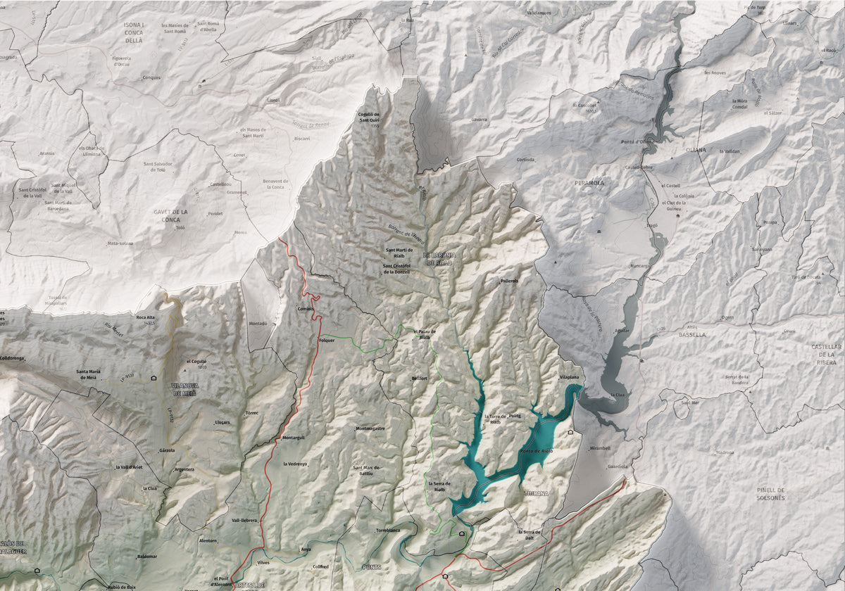 Mapa de relleu de la Noguera, amb el territori en color i l’entorn en blanc. Detall de la part superior dreta. 70 × 100 cm. Estil Cartogràfic.
