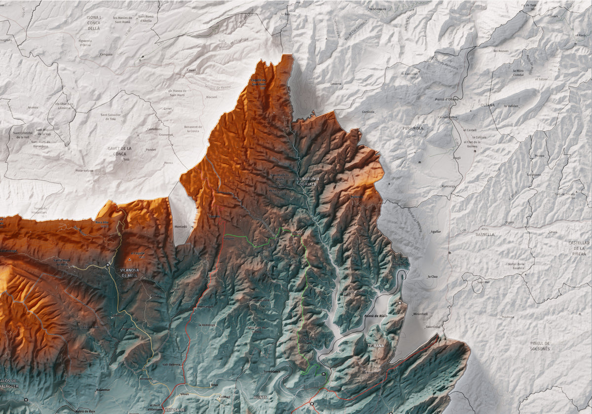 Mapa de relleu de la Noguera, amb el territori en color i l’entorn en blanc. Detall de la part superior dreta. 70 × 100 cm. Estil Blau i taronja.