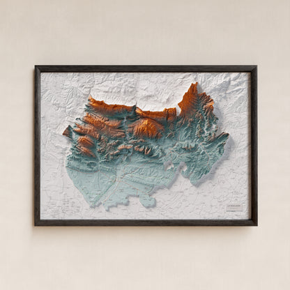 Mapa de relleu de la Noguera, amb el territori en color i l’entorn en blanc. Presentació amb marc. 70 × 100 cm. Estil Blau i taronja.