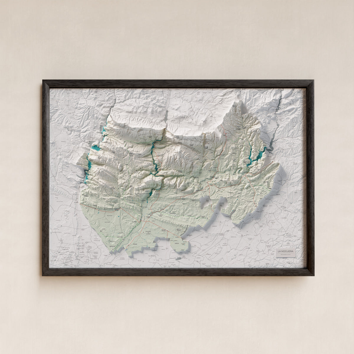 Mapa de relleu de la Noguera, amb el territori en color i l’entorn en blanc. Presentació amb marc. 70 × 100 cm. Estil Cartogràfic.