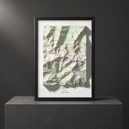 Mapa de relieve de Noufonts, 2861 m, Conflent · Ripollès, lámina 100 Cims de Trobart. Presentación enmarcada. 21 × 30 cm.