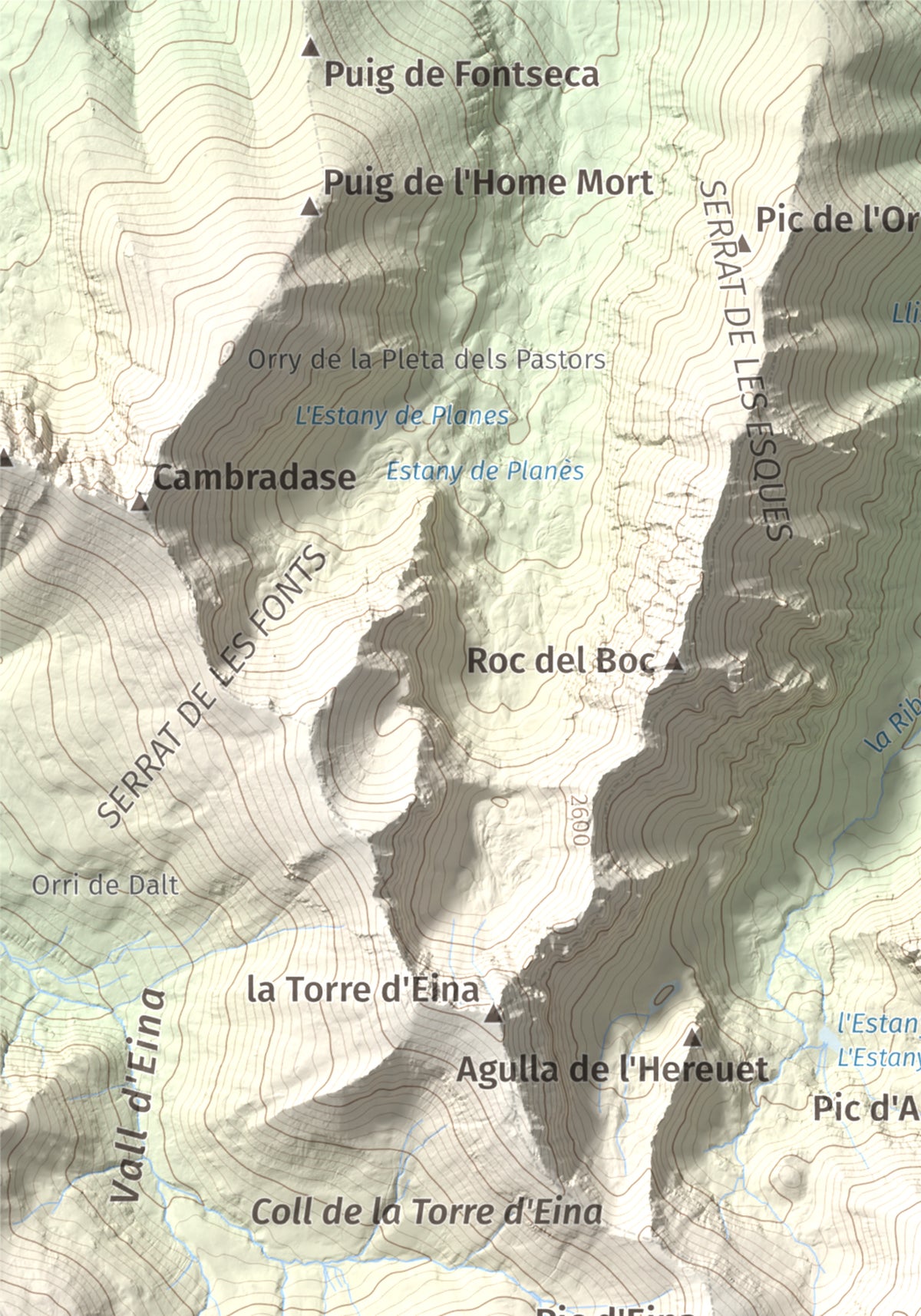 Mapa de relieve de Noufonts, 2861 m, Conflent · Ripollès, lámina 100 Cims de Trobart. Detalle de la zona superior izquierda. 21 × 30 cm.
