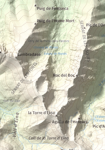 Mapa de relieve de Noufonts, 2861 m, Conflent · Ripollès, lámina 100 Cims de Trobart. Detalle de la zona superior izquierda. 21 × 30 cm.