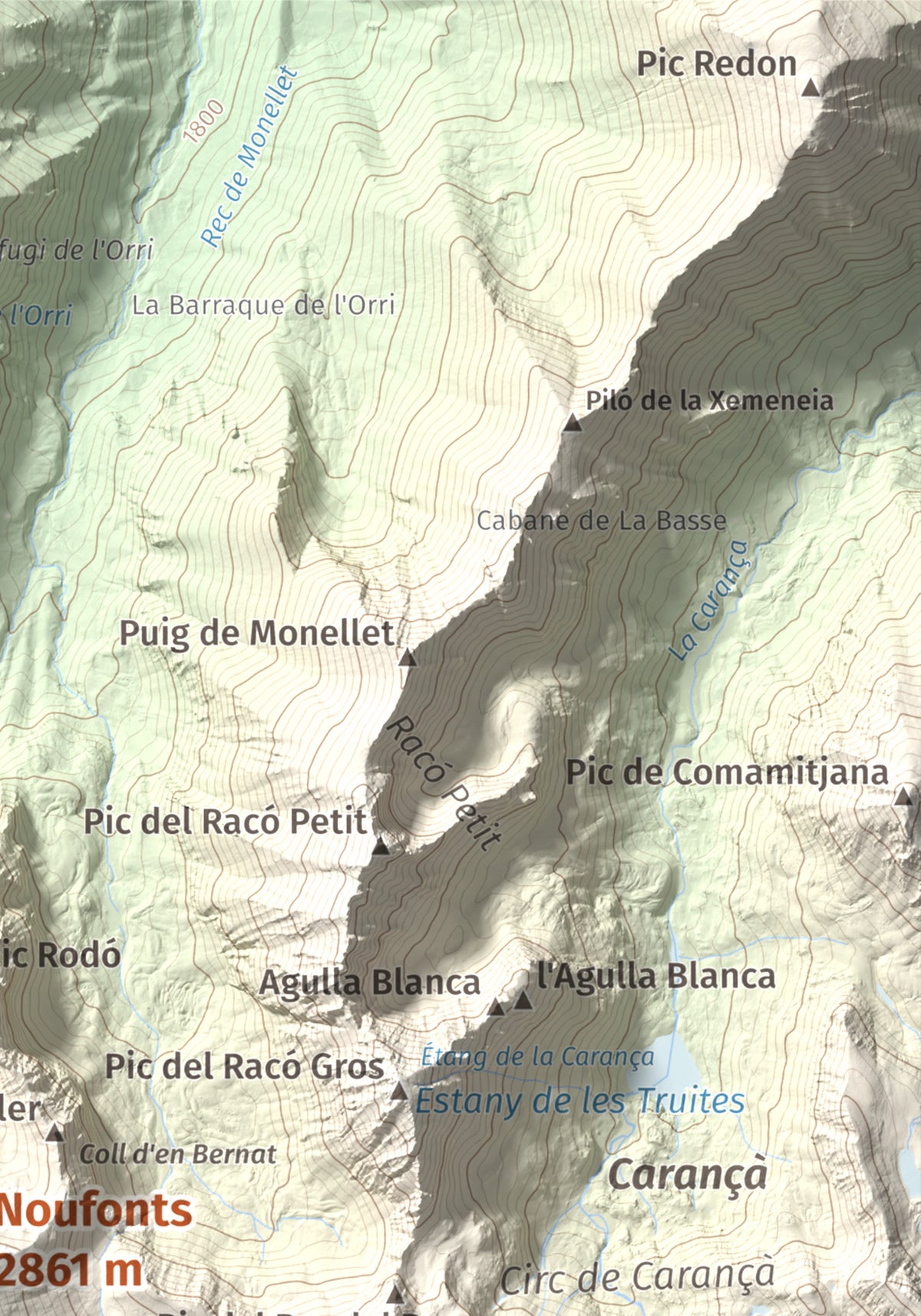 Mapa de relieve de Noufonts, 2861 m, Conflent · Ripollès, lámina 100 Cims de Trobart. Detalle de la zona superior derecha. 21 × 30 cm.