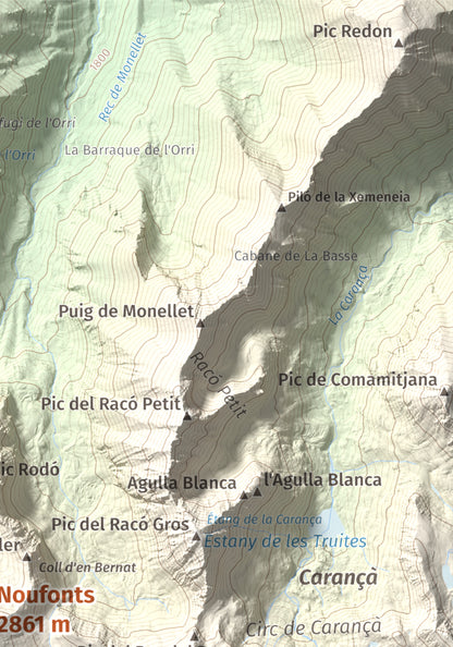 Mapa de relieve de Noufonts, 2861 m, Conflent · Ripollès, lámina 100 Cims de Trobart. Detalle de la zona superior derecha. 21 × 30 cm.