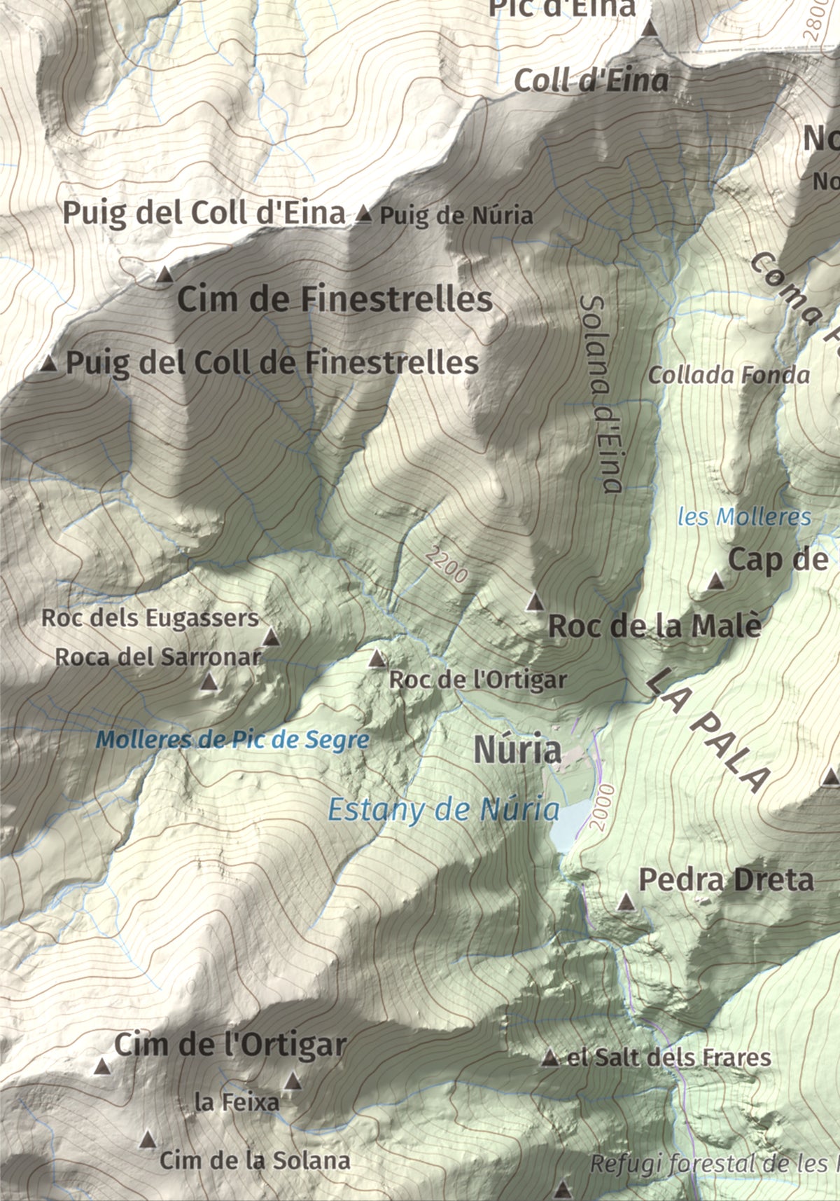 Mapa de relieve de Noufonts, 2861 m, Conflent · Ripollès, lámina 100 Cims de Trobart. Detalle de la zona inferior izquierda. 21 × 30 cm.