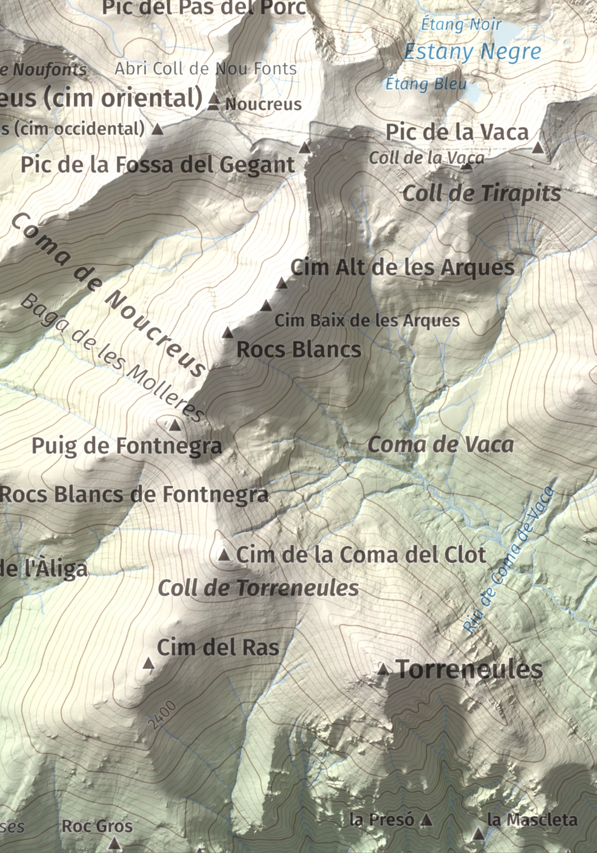 Mapa de relieve de Noufonts, 2861 m, Conflent · Ripollès, lámina 100 Cims de Trobart. Detalle de la zona inferior derecha. 21 × 30 cm.