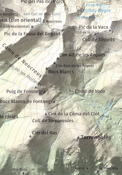 Mapa de relieve de Noufonts, 2861 m, Conflent · Ripollès, lámina 100 Cims de Trobart. Detalle de la zona inferior derecha. 21 × 30 cm.