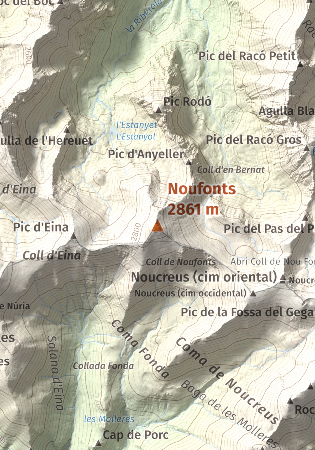 Mapa de relieve de Noufonts, 2861 m, Conflent · Ripollès, lámina 100 Cims de Trobart. Detalle de la zona central. 21 × 30 cm.